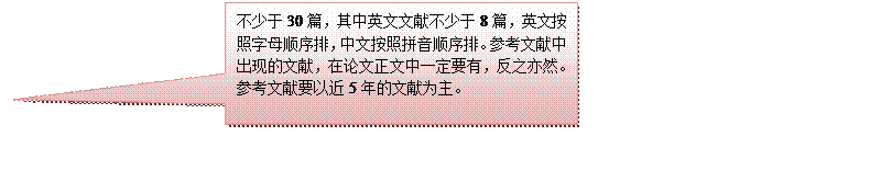 對話氣泡:矩形:不少于30篇，其中英文文獻不少于8篇，英文按照字母順序排，中文按照拼音順序排。參考文獻中出現的文獻，在論文正文中一定要有，反之亦然。參考文獻要以近5年的文獻為主。